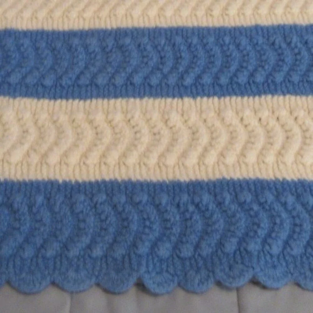 Handmade Crochet Afghan Throw‎ Striped Blanket 47x35 Cream Blue Scalloped Edges